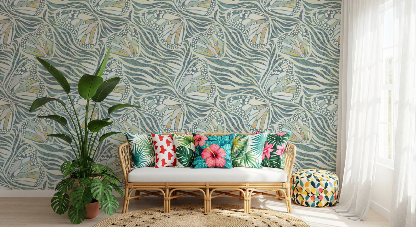 Zebra Butterfly Bloom • Maximalist Boho in Green Pastels Wallpaper⁠