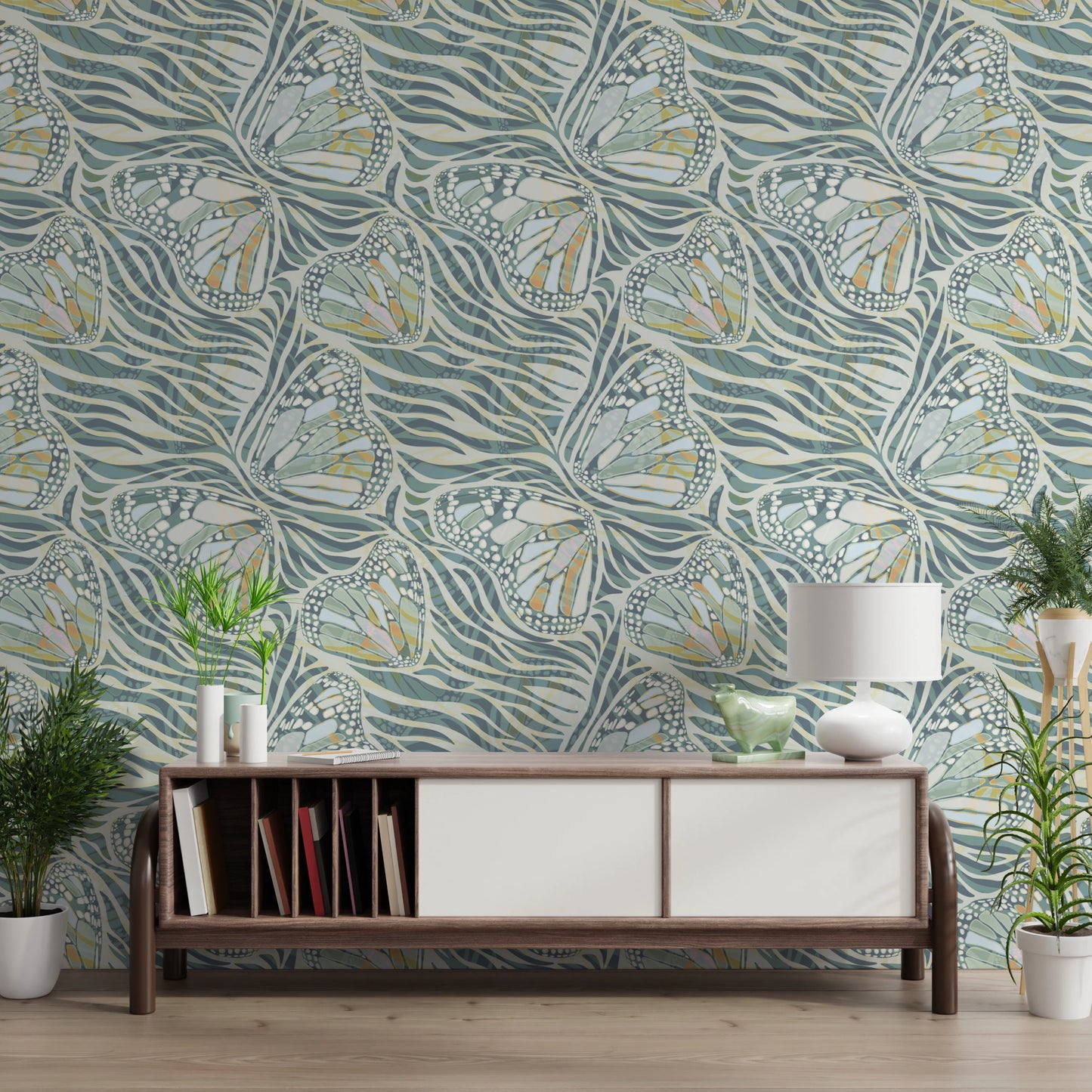 Zebra Butterfly Bloom • Maximalist Boho in Green Pastels Wallpaper⁠