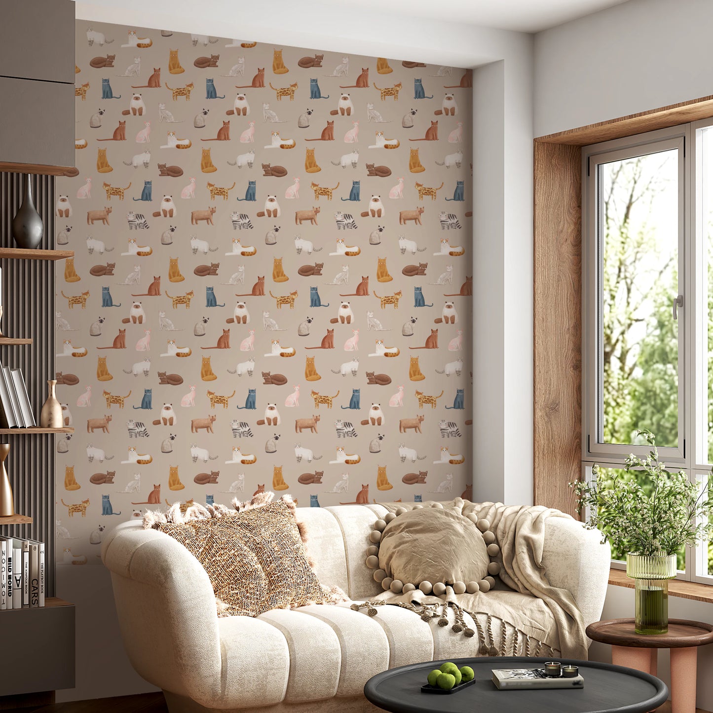 Curious Cats in beige Wallpaper⁠
