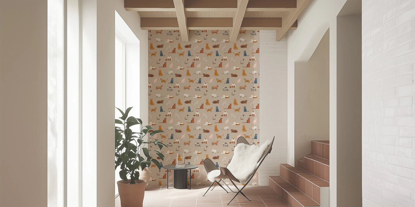 Curious Cats in beige Wallpaper⁠