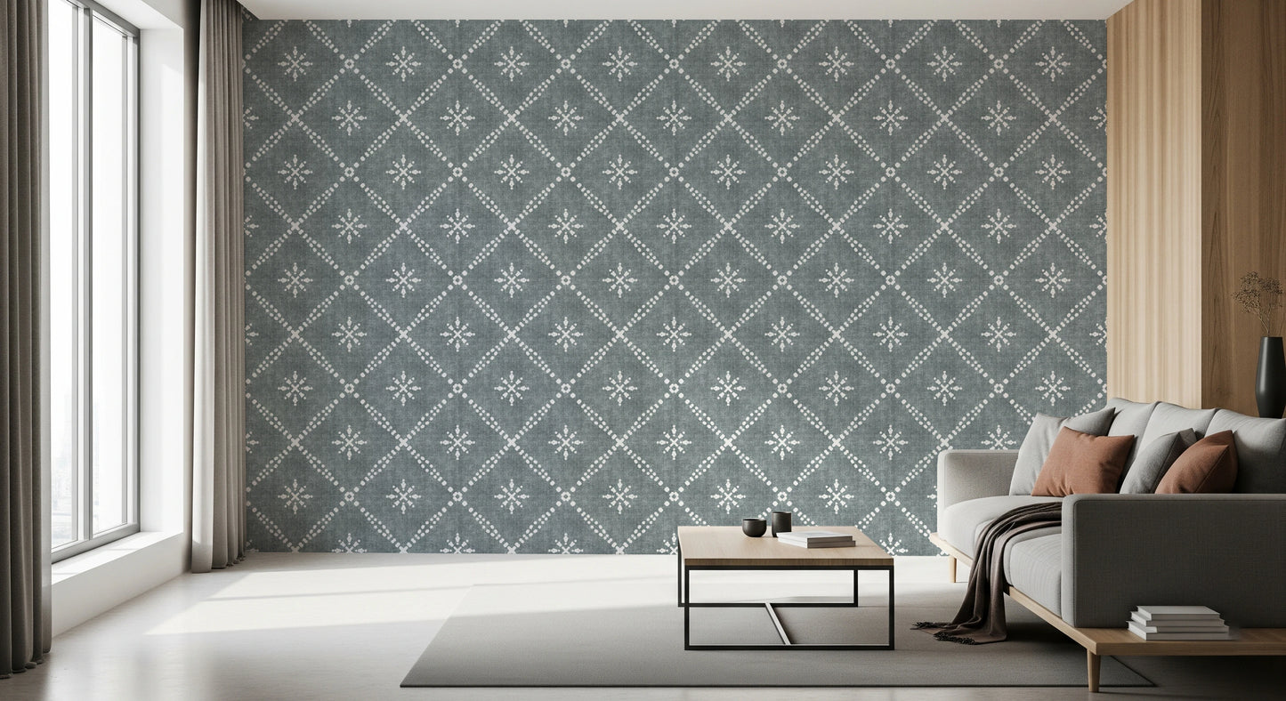 Boho Dotted Lattice Grunge Calming Blue Wallpaper⁠