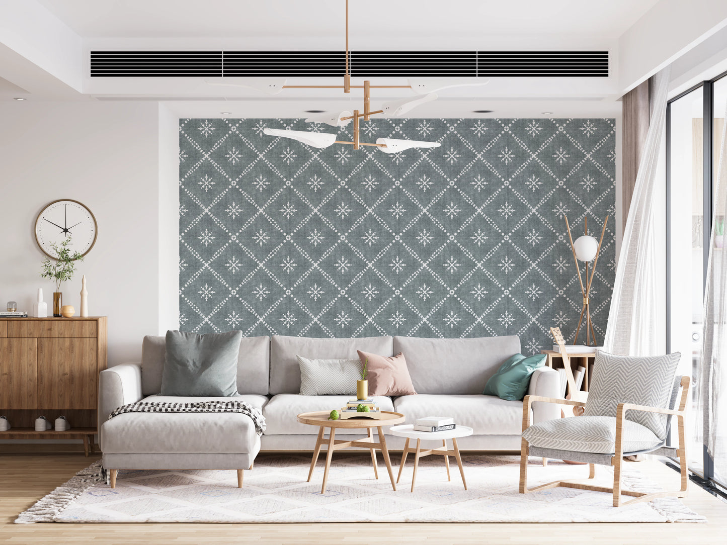 Boho Dotted Lattice Grunge Calming Blue Wallpaper⁠