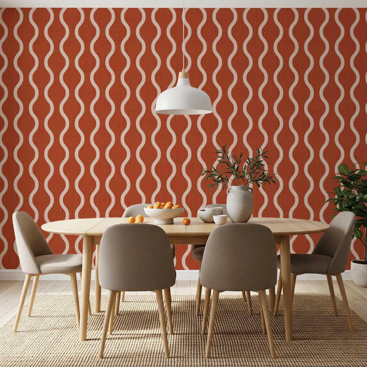 Cozy Scandi Folk Wavy Stripe Burnt Terracotta - Craft Stripe Wallpaper⁠