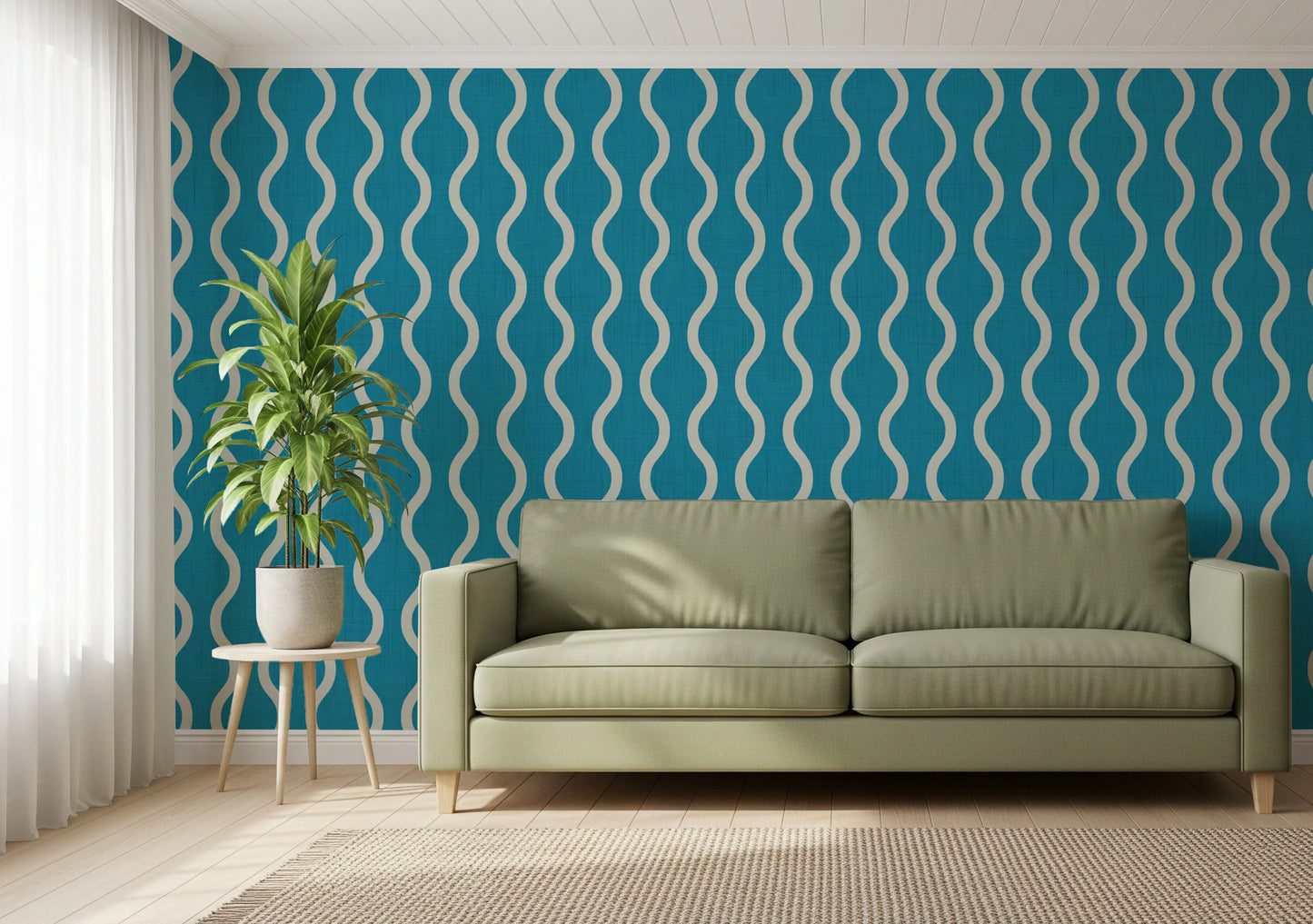 Cozy Scandi Folk Wavy Stripe Nordic Teal - Craft Stripe Wallpaper⁠