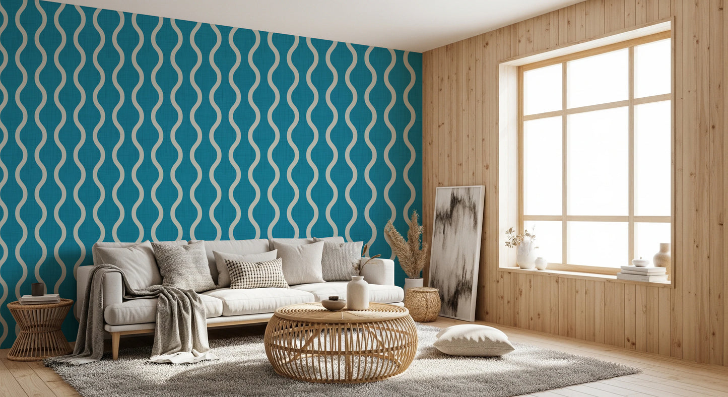 Cozy Scandi Folk Wavy Stripe Nordic Teal - Craft Stripe Wallpaper⁠