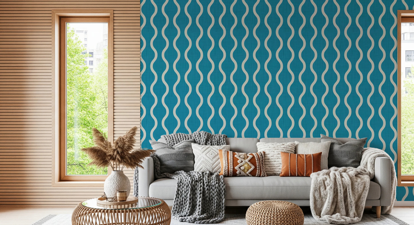 Cozy Scandi Folk Wavy Stripe Nordic Teal - Craft Stripe Wallpaper⁠