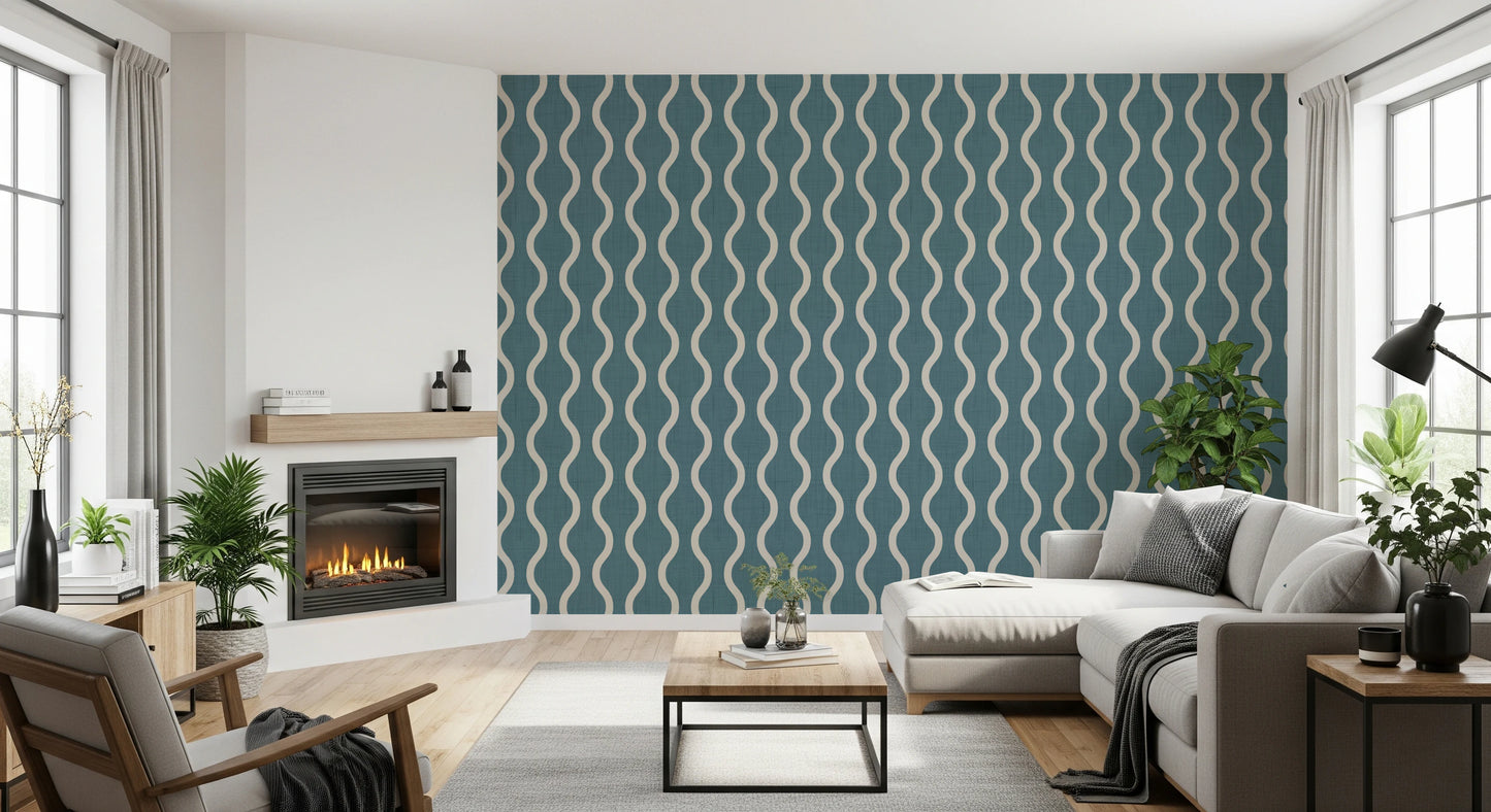 Cozy Scandi Folk Wavy Stripe Nordic Blue Grey - Craft Stripe Wallpaper⁠
