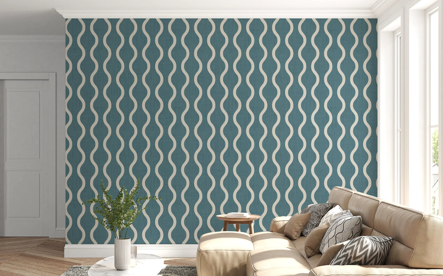 Cozy Scandi Folk Wavy Stripe Nordic Blue Grey - Craft Stripe Wallpaper⁠