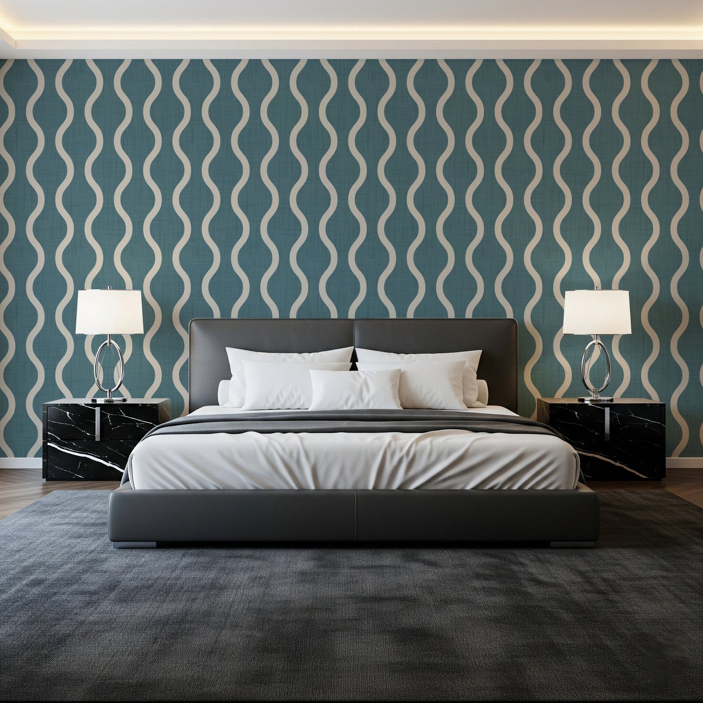 Cozy Scandi Folk Wavy Stripe Nordic Blue Grey - Craft Stripe Wallpaper⁠