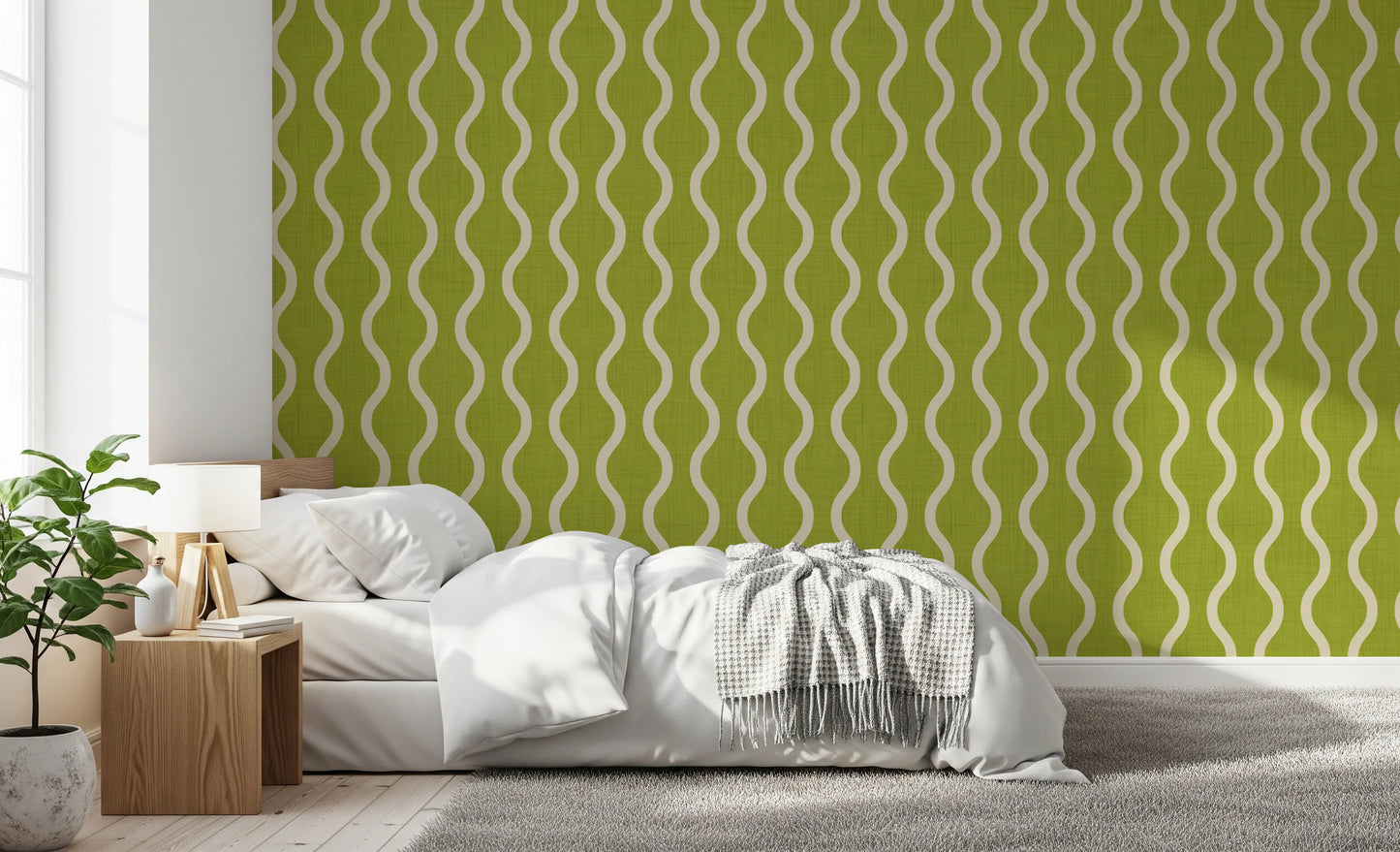 Cozy Scandi Folk Wavy Stripe Olive Chartreuse - Craft Stripe Wallpaper⁠