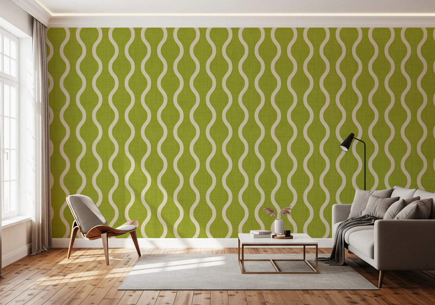 Cozy Scandi Folk Wavy Stripe Olive Chartreuse - Craft Stripe Wallpaper⁠