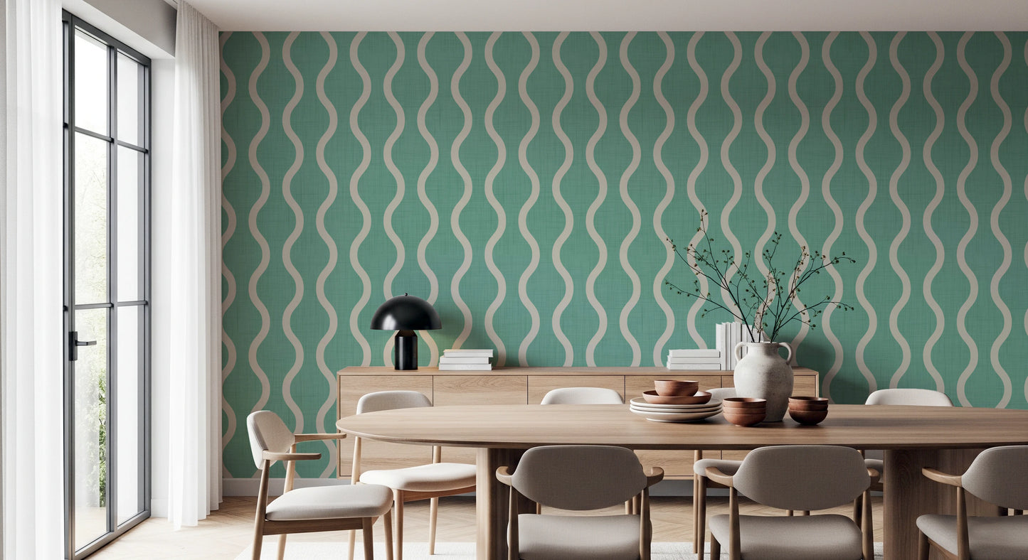 Cozy Scandi Folk Wavy Stripe Sage Mint - Craft Stripe Wallpaper⁠
