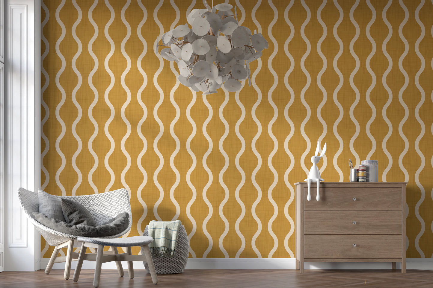 Cozy Scandi Folk Wavy Stripe Honey Mustard - Craft Stripe Wallpaper⁠