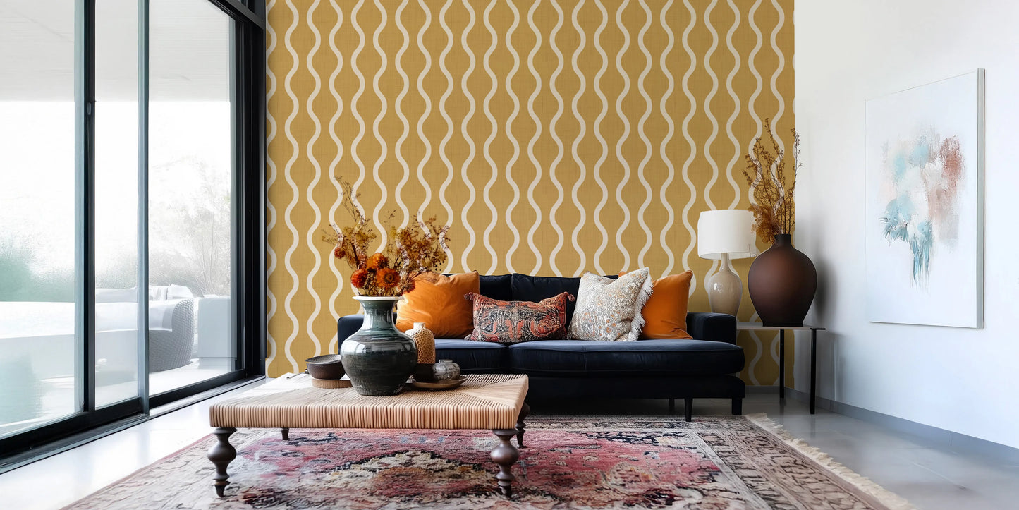 Cozy Scandi Folk Wavy Stripe Honey Mustard - Craft Stripe Wallpaper⁠