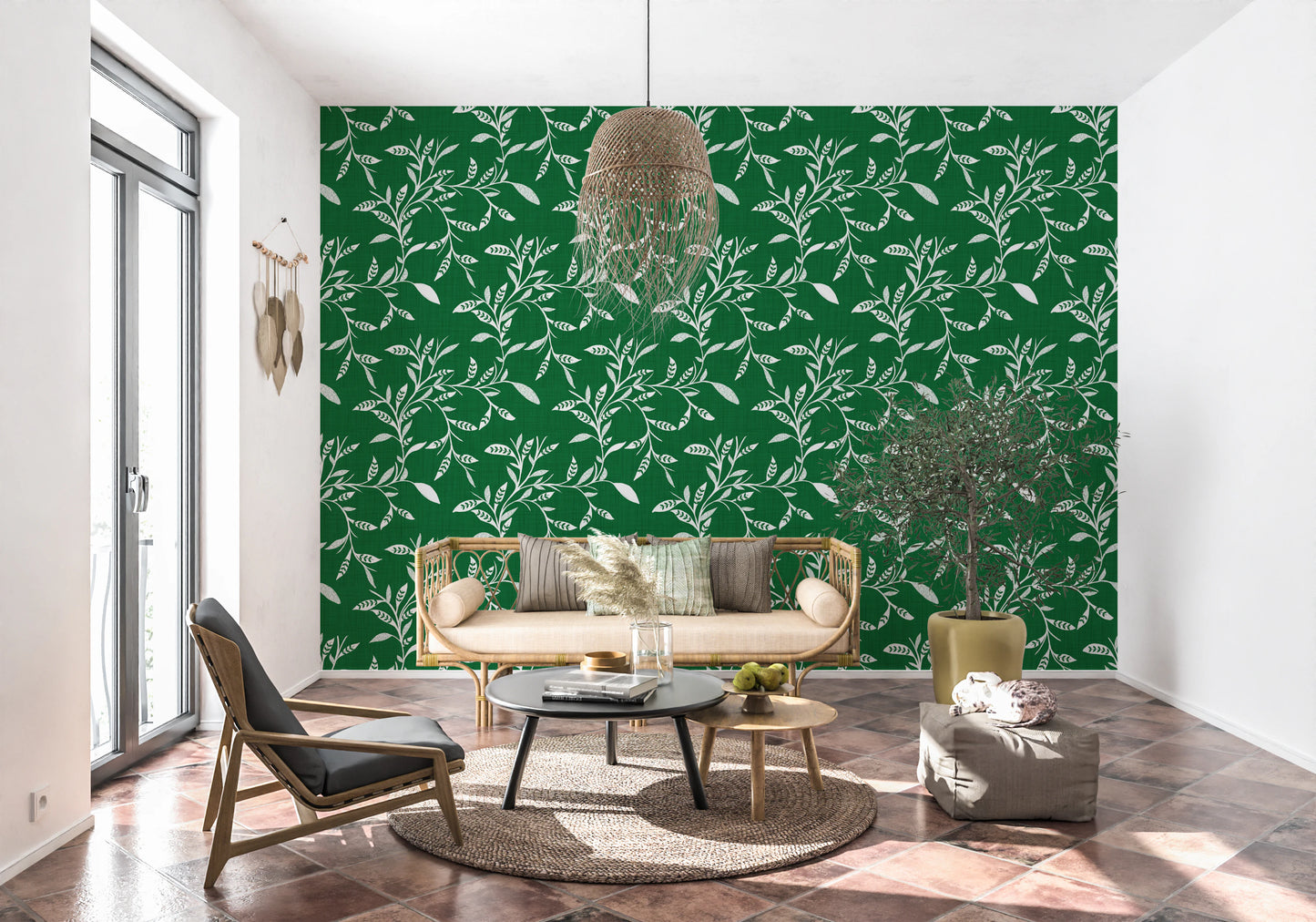 Cozy Scandi Folk Leaf Vine Forest Green - Craft Blender Wallpaper⁠