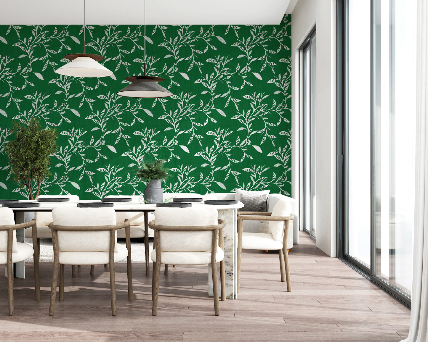 Cozy Scandi Folk Leaf Vine Forest Green - Craft Blender Wallpaper⁠