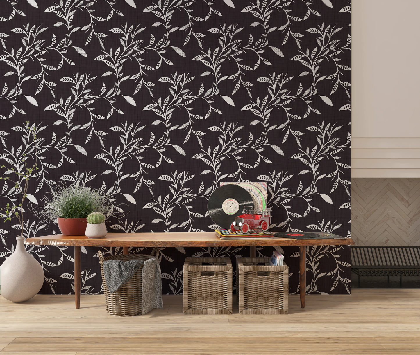 Cozy Scandi Folk Leaf Vine Charcoal - Craft Blender Wallpaper⁠