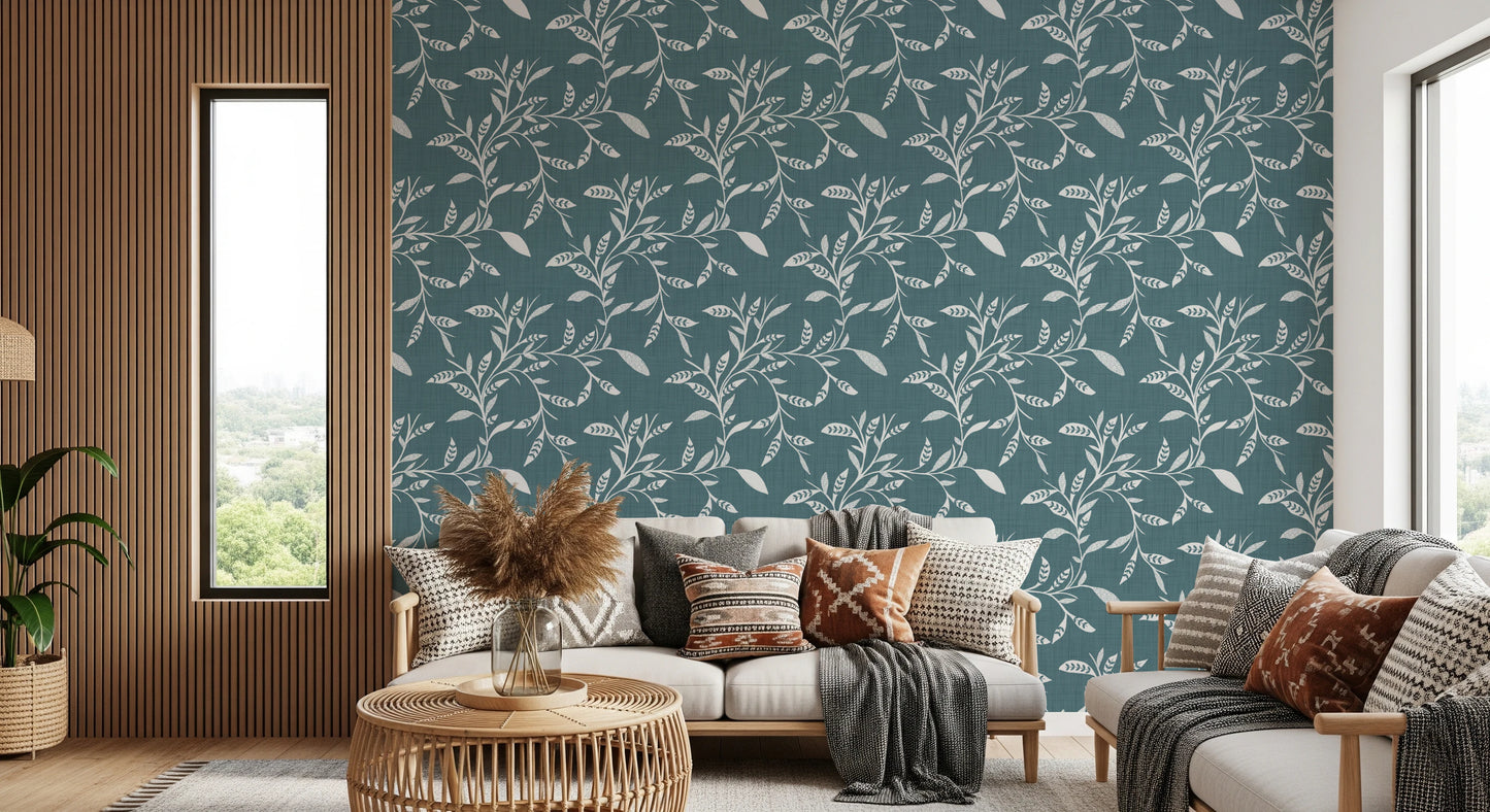 Cozy Scandi Folk Leaf Vine Nordic Blue Grey - Craft Blender Wallpaper⁠