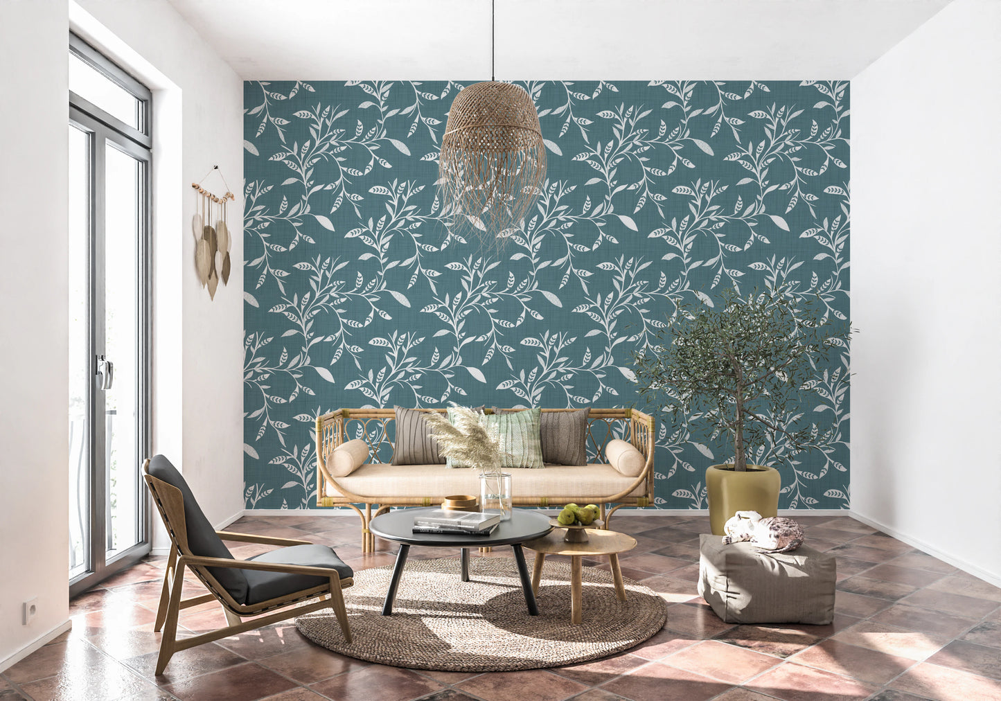 Cozy Scandi Folk Leaf Vine Nordic Blue Grey - Craft Blender Wallpaper⁠