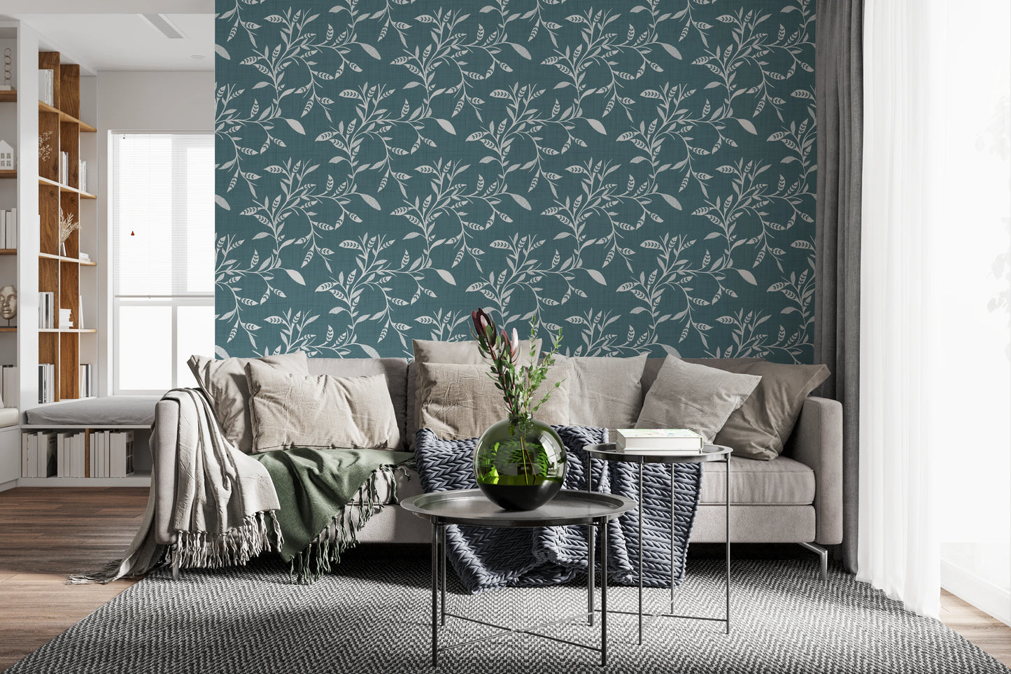 Cozy Scandi Folk Leaf Vine Nordic Blue Grey - Craft Blender Wallpaper⁠