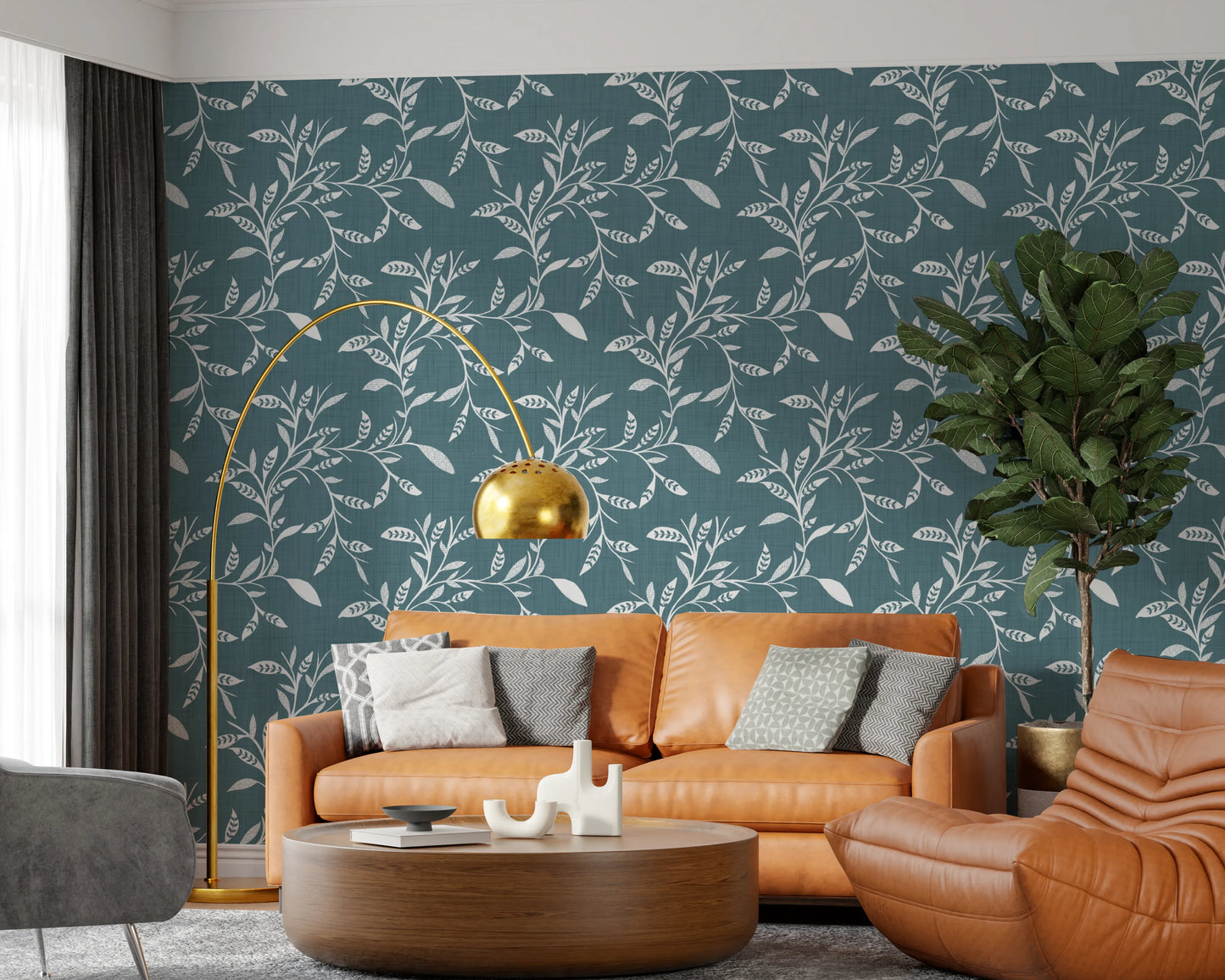 Cozy Scandi Folk Leaf Vine Nordic Blue Grey - Craft Blender Wallpaper⁠