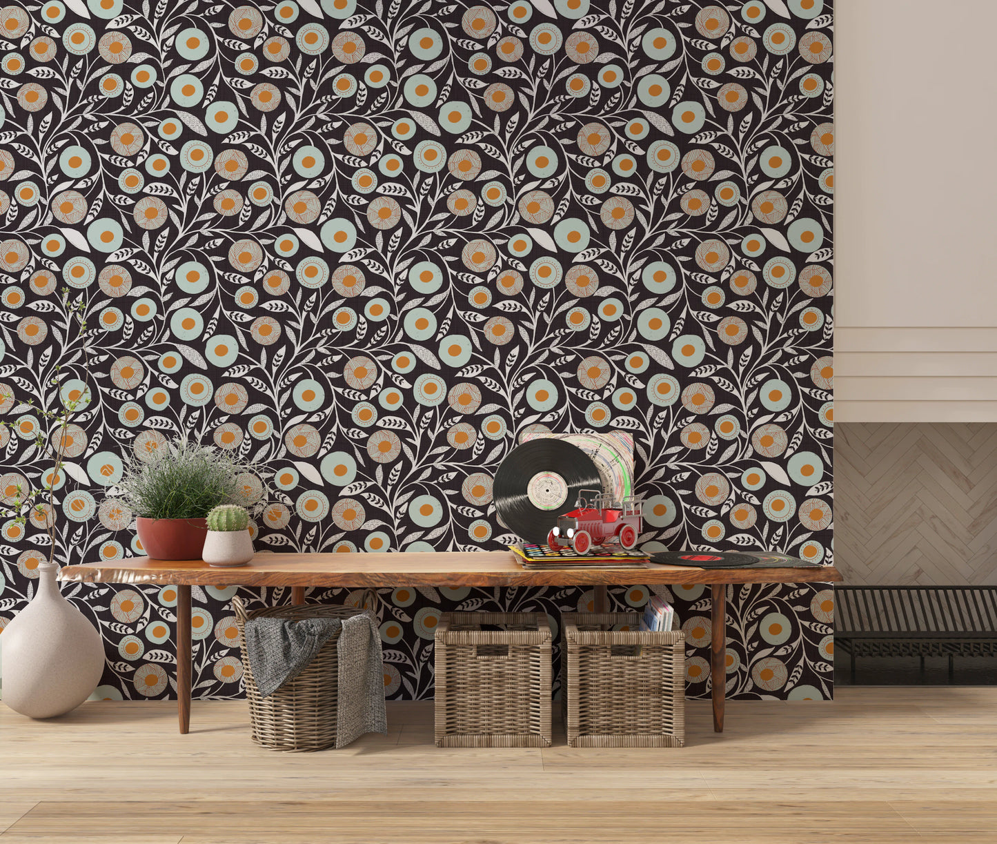 Cozy Scandi Folk Floral Warm Linen - Craft Botanical Wallpaper⁠