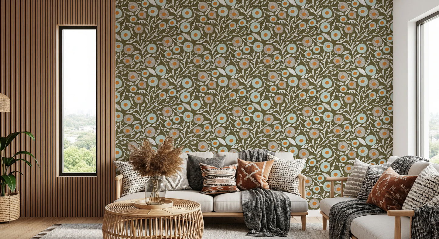 Cozy Scandi Folk Floral Earthy Olive - Craft Botanical Wallpaper⁠