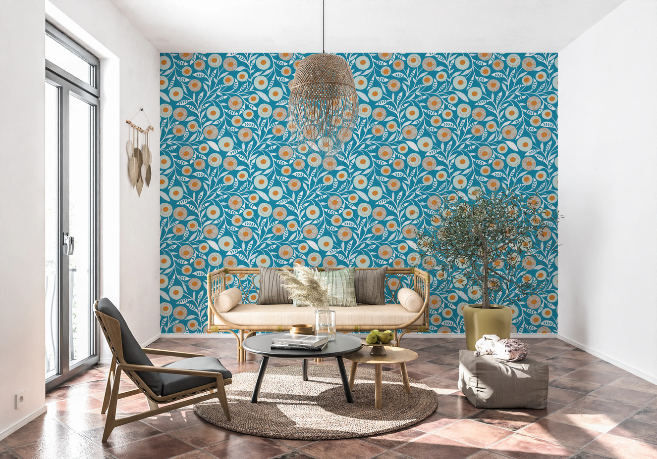 Cozy Scandi Folk Floral Nordic Teal - Craft Botanical Wallpaper⁠