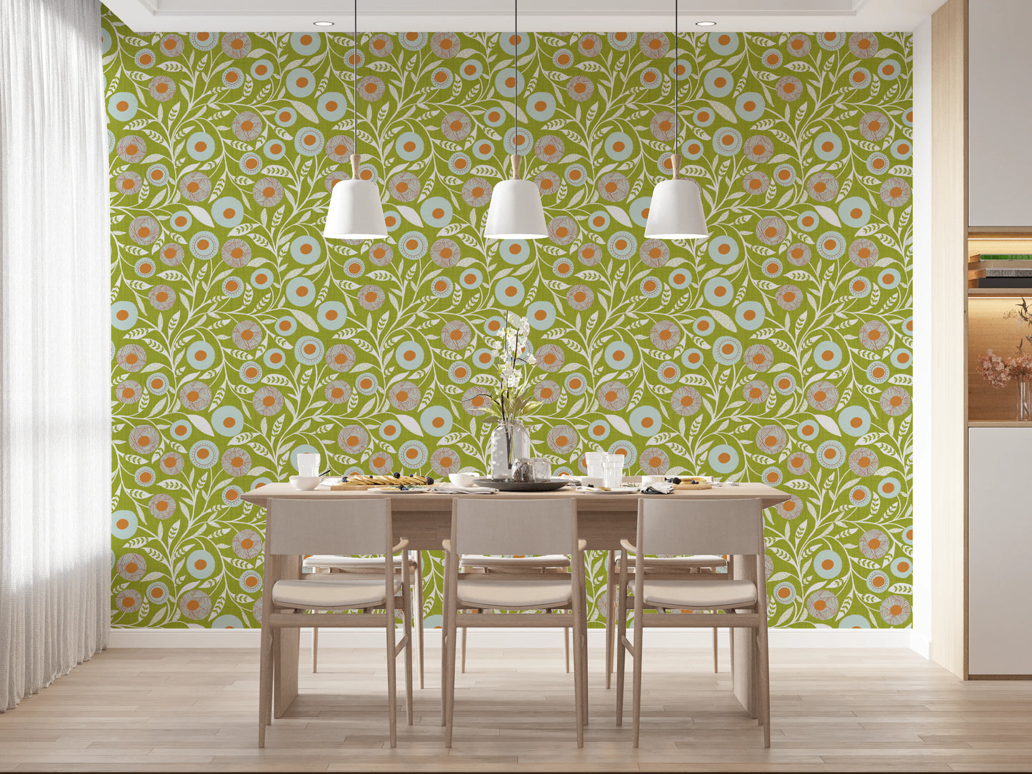 Cozy Scandi Folk Floral Olive Chartreuse - Craft Botanical Wallpaper⁠