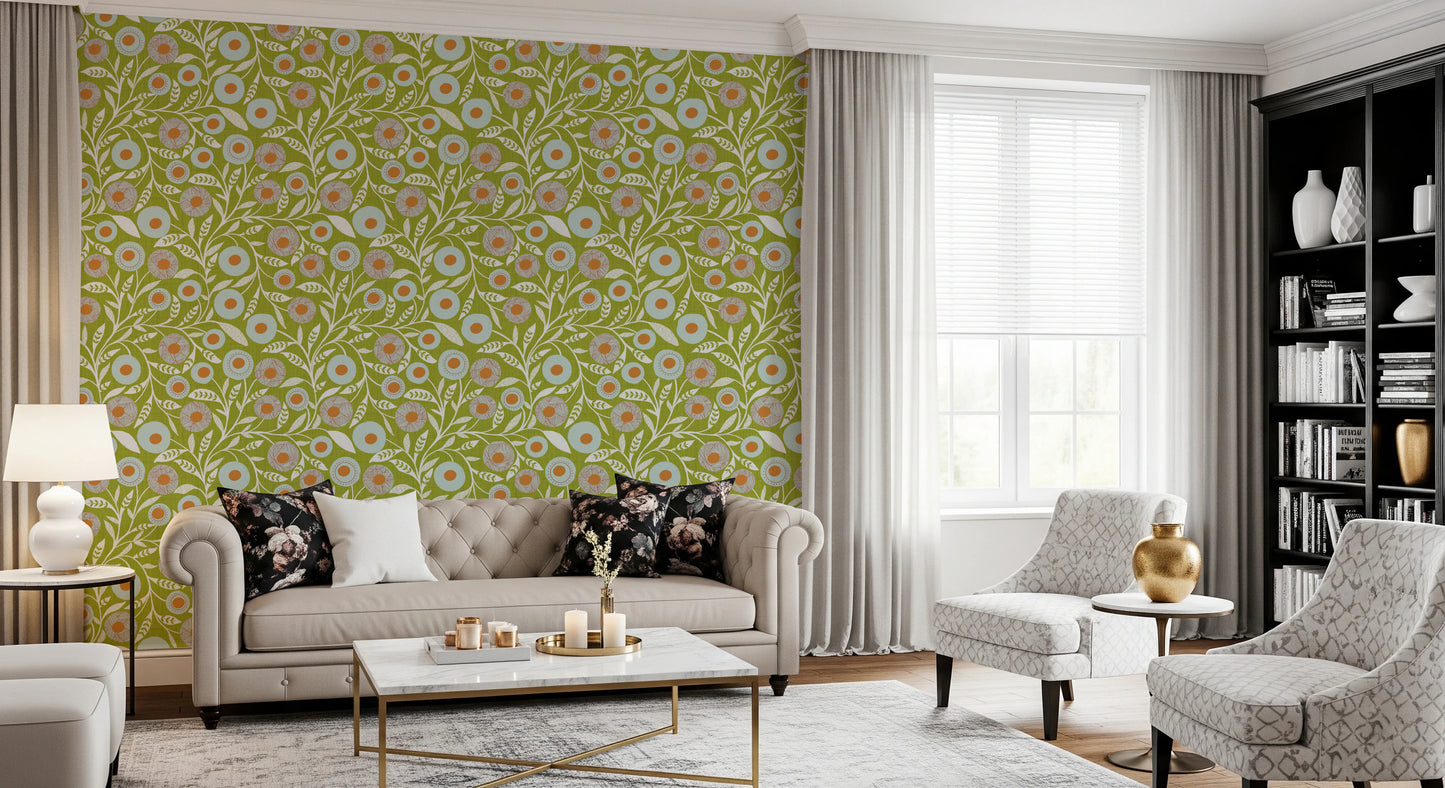 Cozy Scandi Folk Floral Olive Chartreuse - Craft Botanical Wallpaper⁠