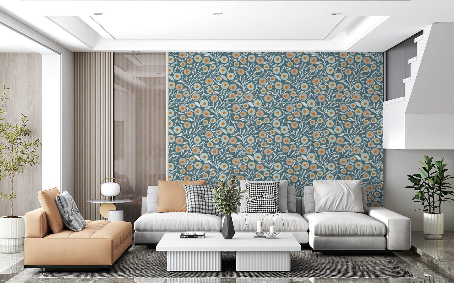 Cozy Scandi Folk Floral Nordic Blue Grey - Craft Botanical Wallpaper⁠