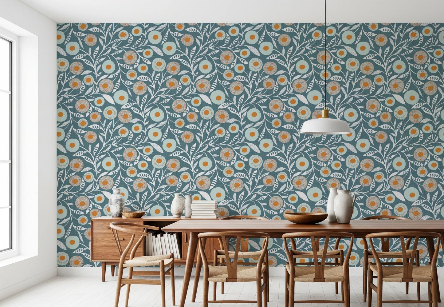 Cozy Scandi Folk Floral Nordic Blue Grey - Craft Botanical Wallpaper⁠