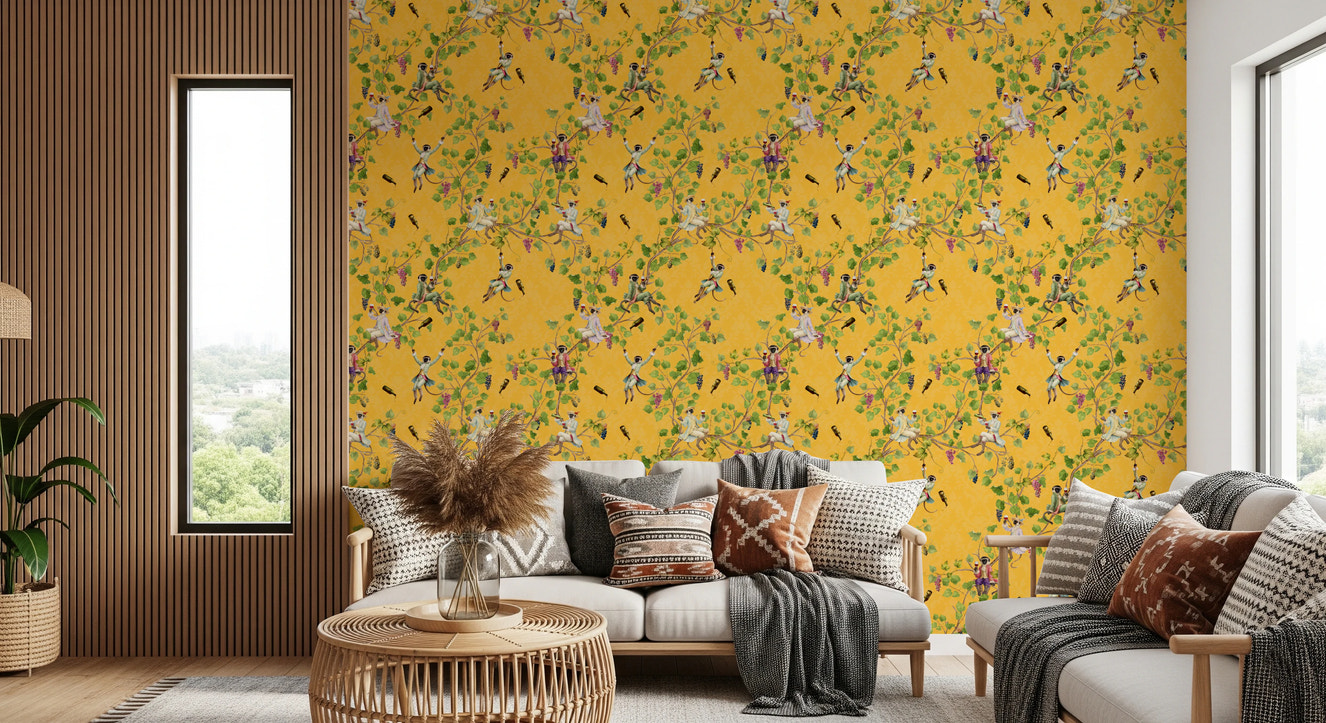 Whimsical Rococo Monkeys Wine Festival Vintage Aristocratic Vineyard Garden yellow  Wallpaper⁠