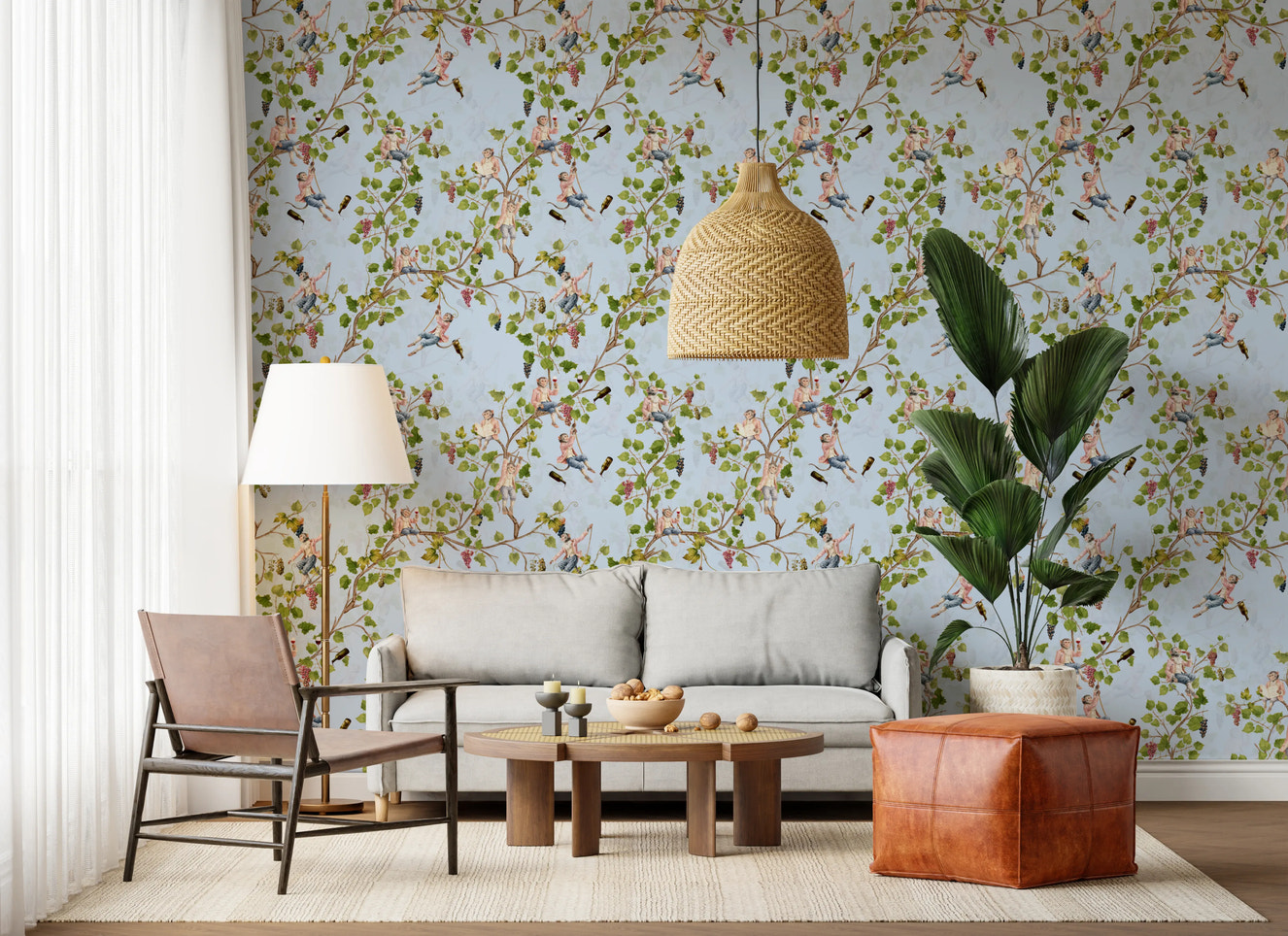 Whimsical Rococo Monkeys Wine Festival Aristocratic Vineyard Vintage  Garden  blue Wallpaper⁠