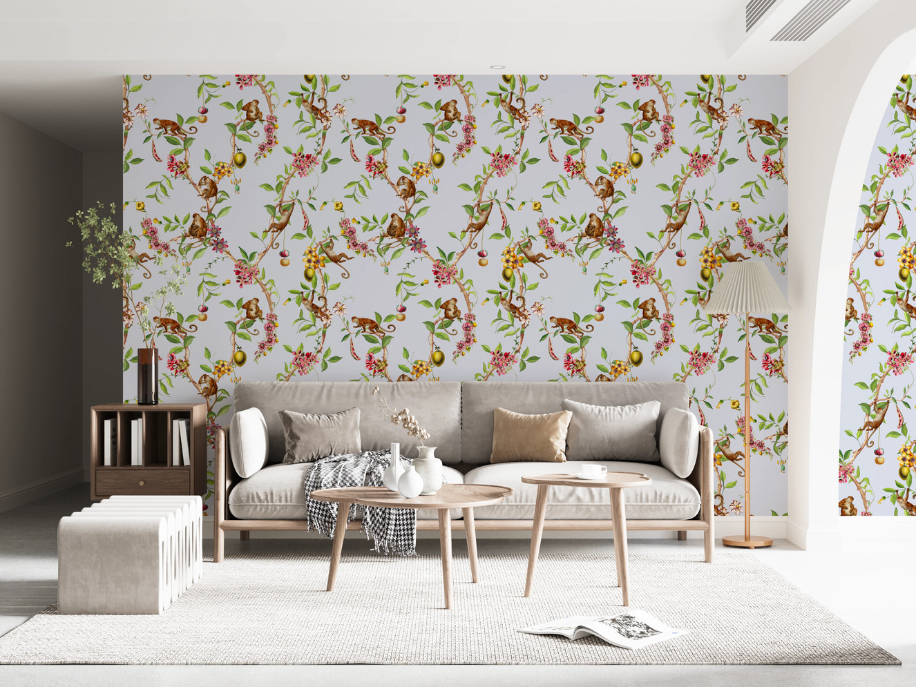 Whimsical Playing Monkeys Family Vintage Exotic Garden blue Wallpaper⁠