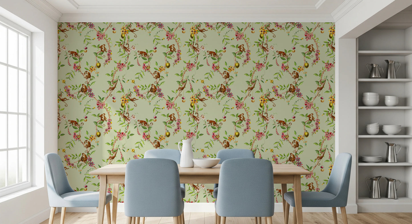 Whimsical Playing Monkeys Family Vintage Exotic Garden green Wallpaper⁠