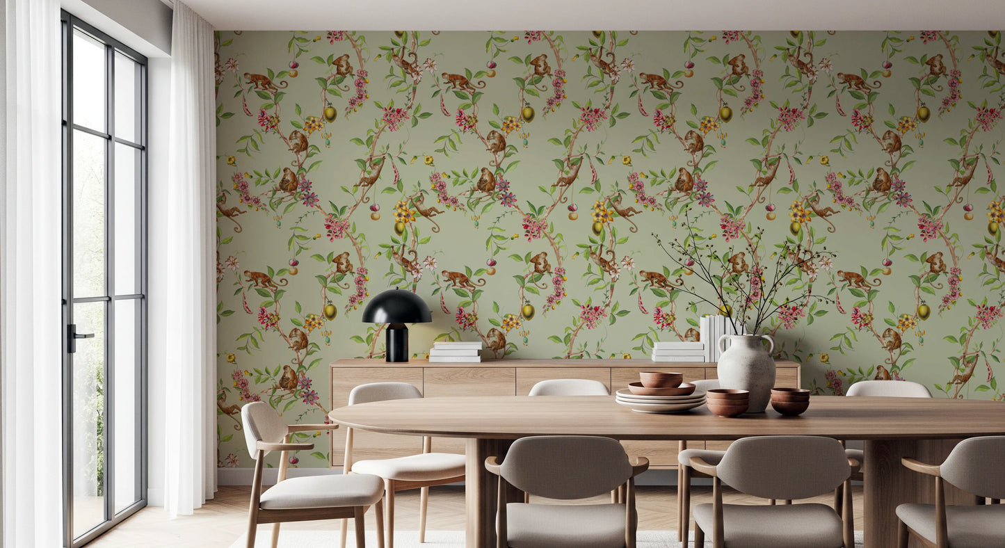 Whimsical Playing Monkeys Family Vintage Exotic Garden green Wallpaper⁠