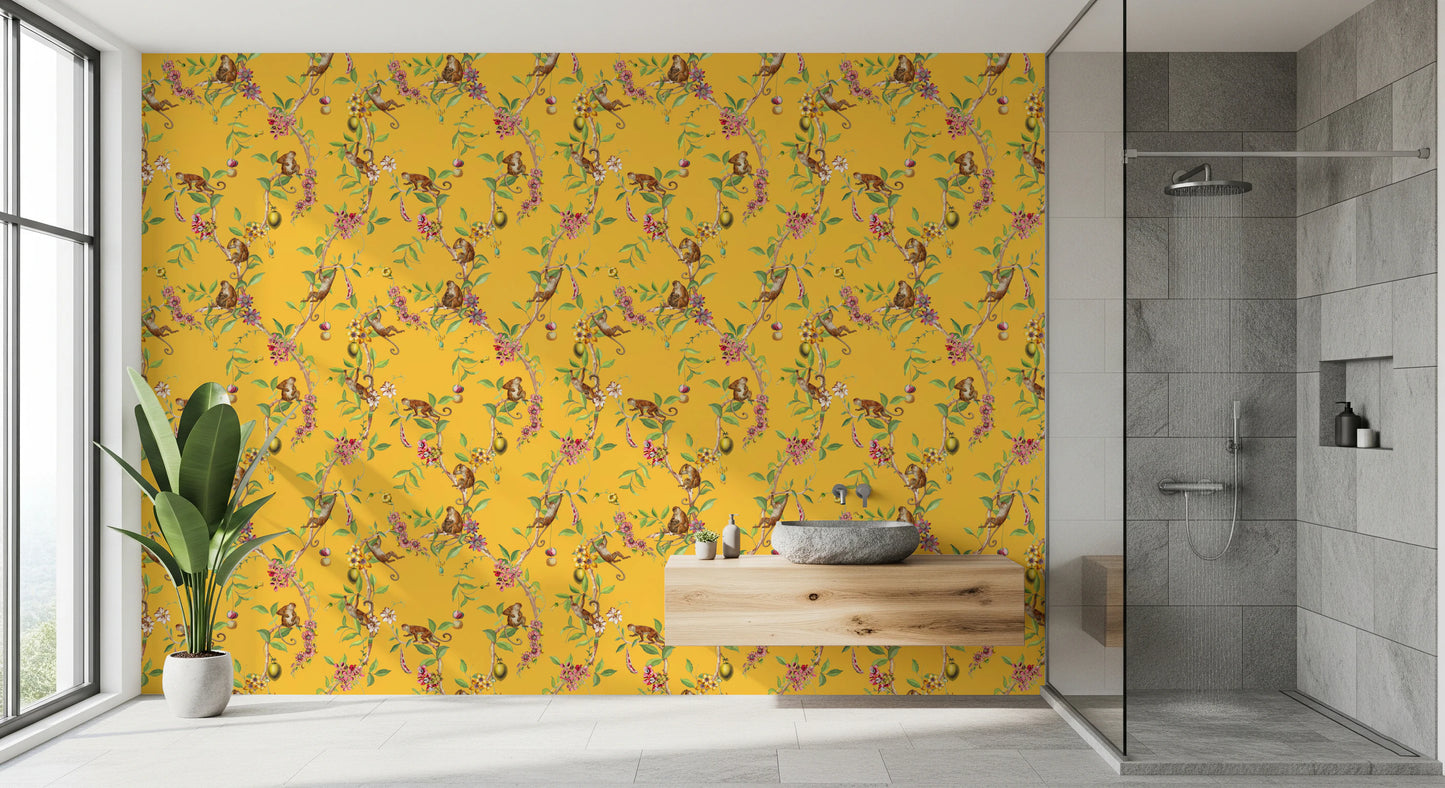 Whimsical Playing Monkeys Family Vintage Exotic Garden yellow Wallpaper⁠