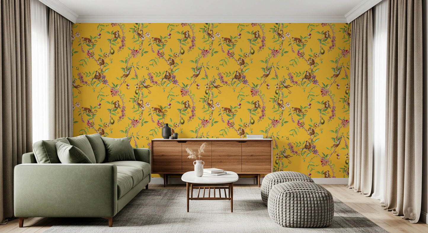 Whimsical Playing Monkeys Family Vintage Exotic Garden yellow Wallpaper⁠