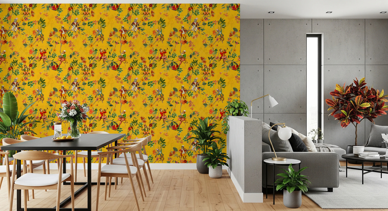 Whimsical Monkeys Playing Music Vintage Exotic Fun Garden yellow Wallpaper⁠