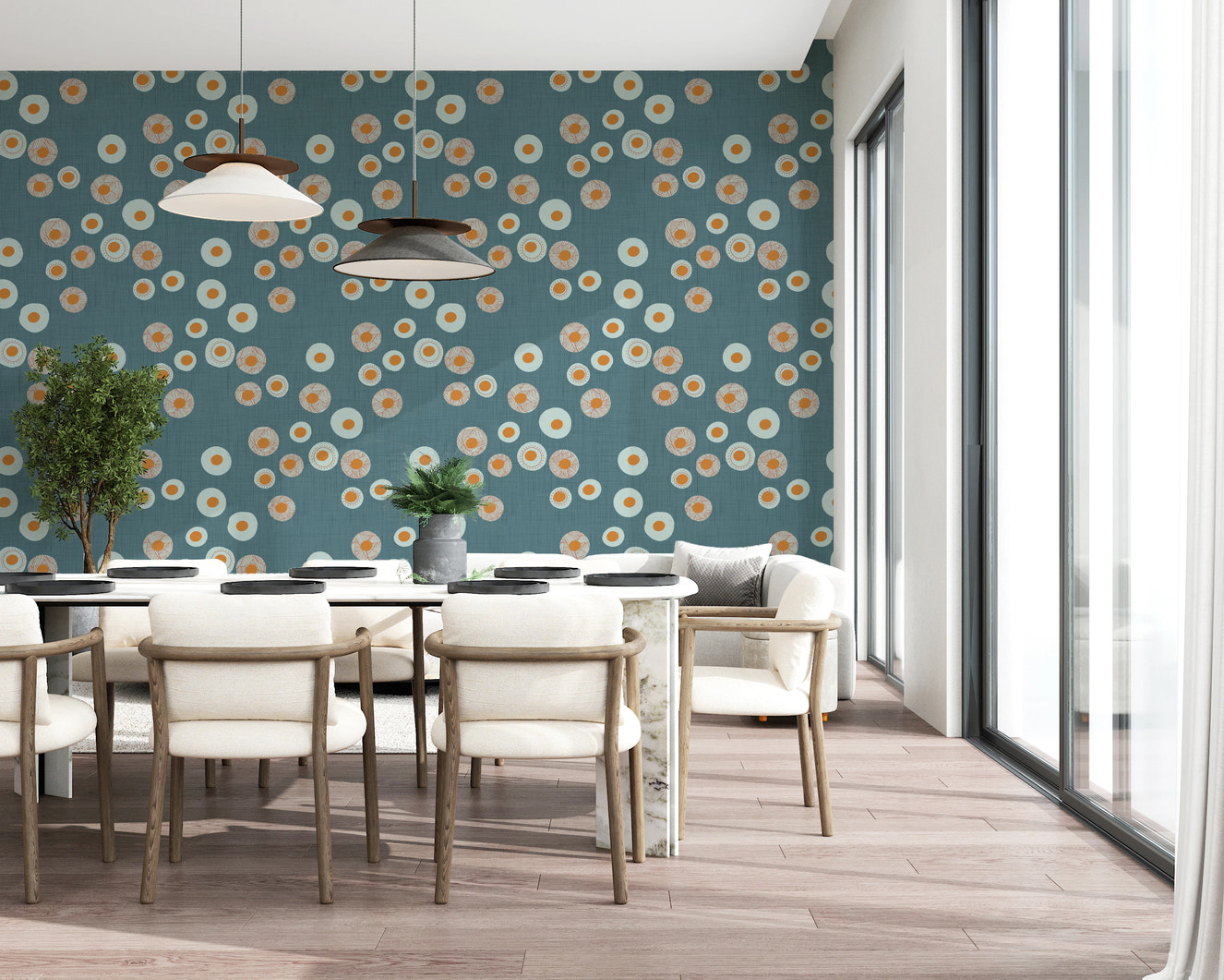 Cozy Scandi Folk Dot Floral Nordic Blue Grey - Craft Circle Wallpaper⁠