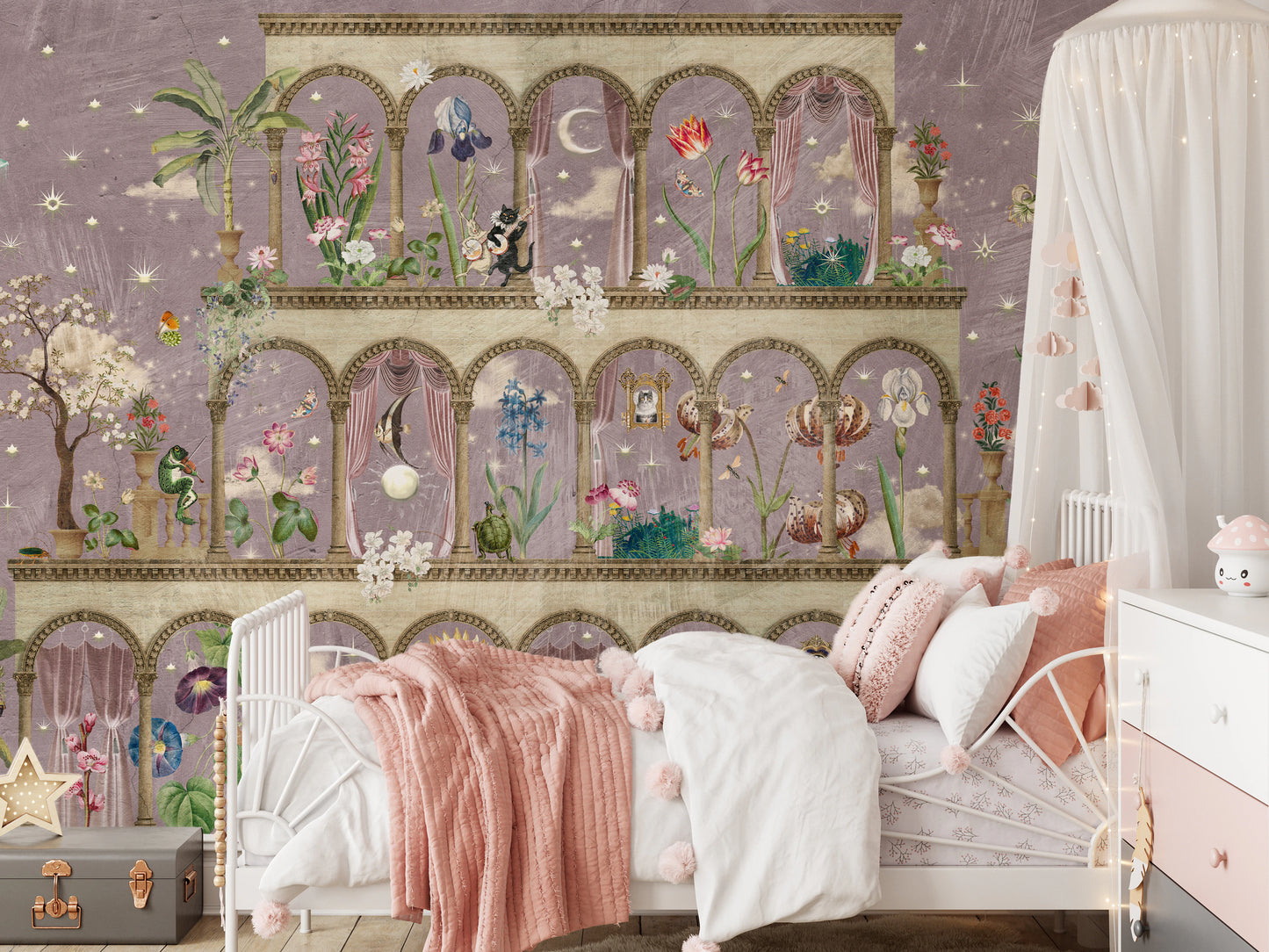 Floral Nightscape Garden on Pink Wall Mural