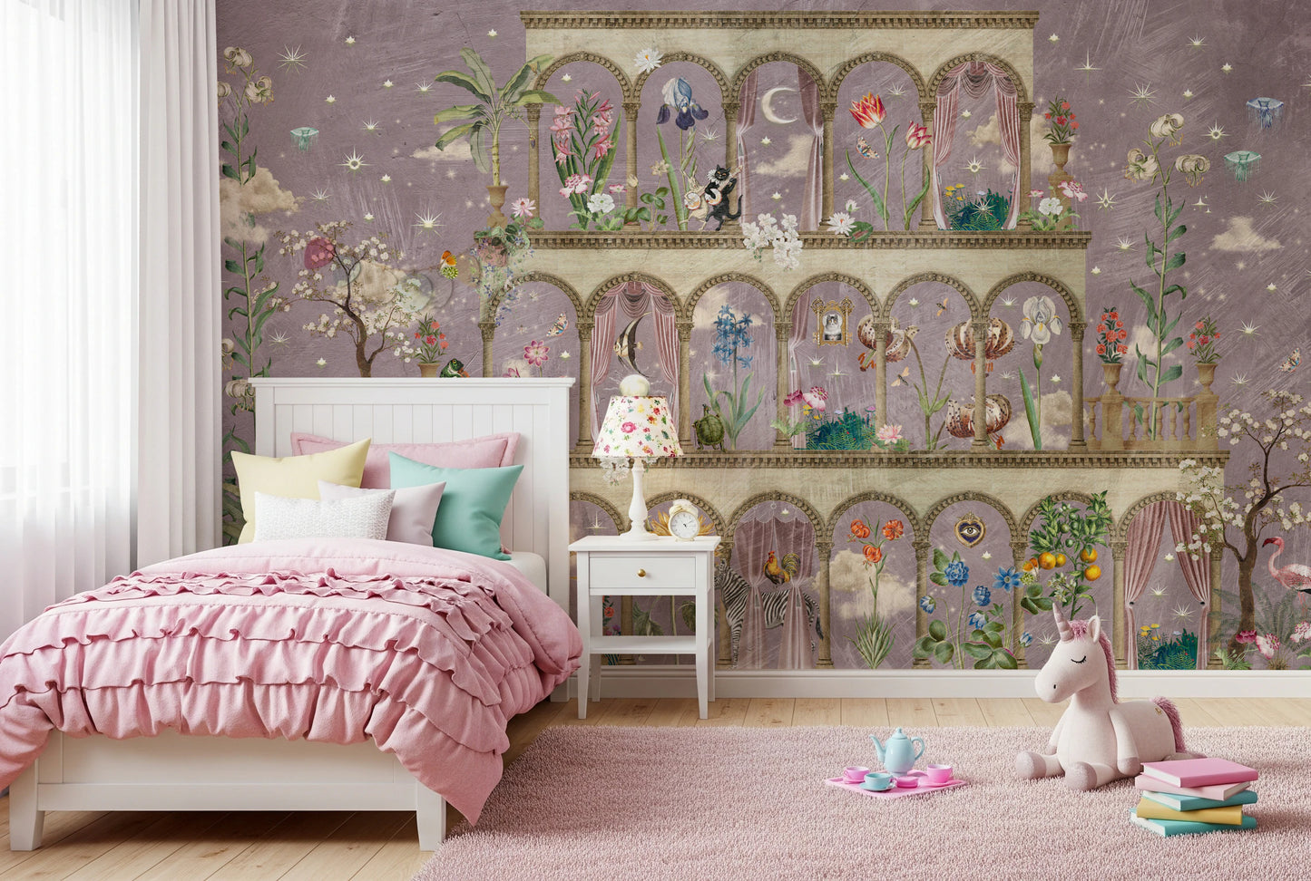 Floral Nightscape Garden on Pink Wall Mural