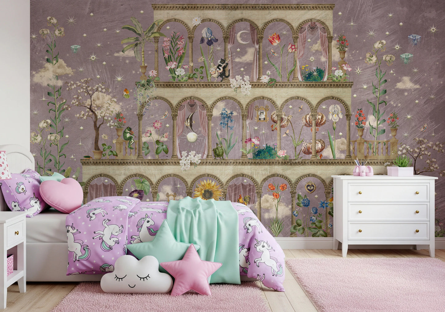 Floral Nightscape Garden on Pink Wall Mural