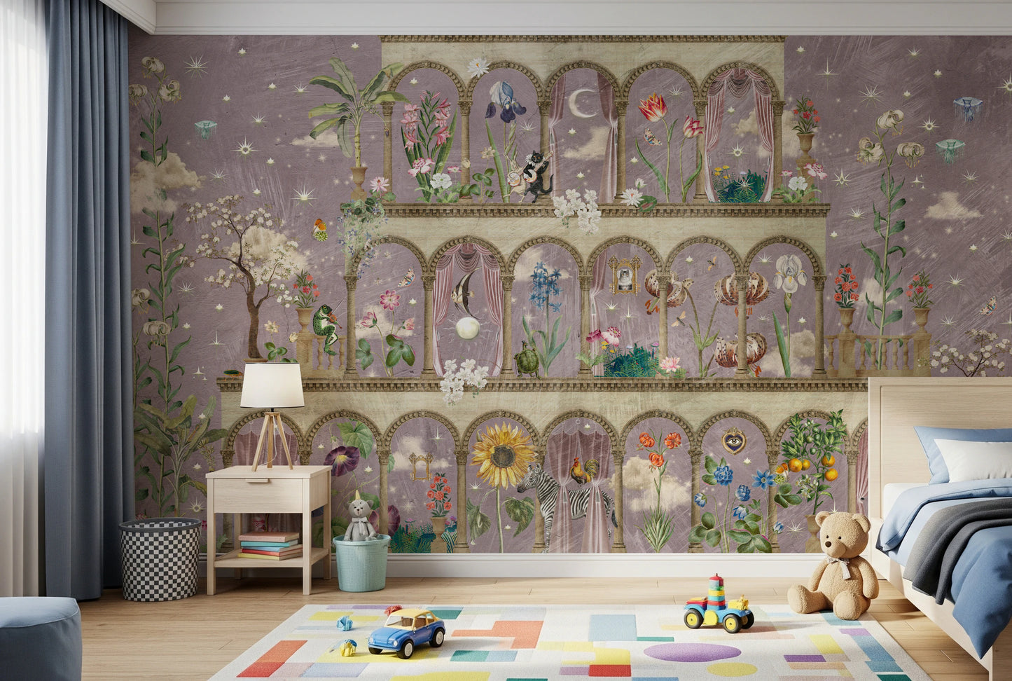 Floral Nightscape Garden on Pink Wall Mural