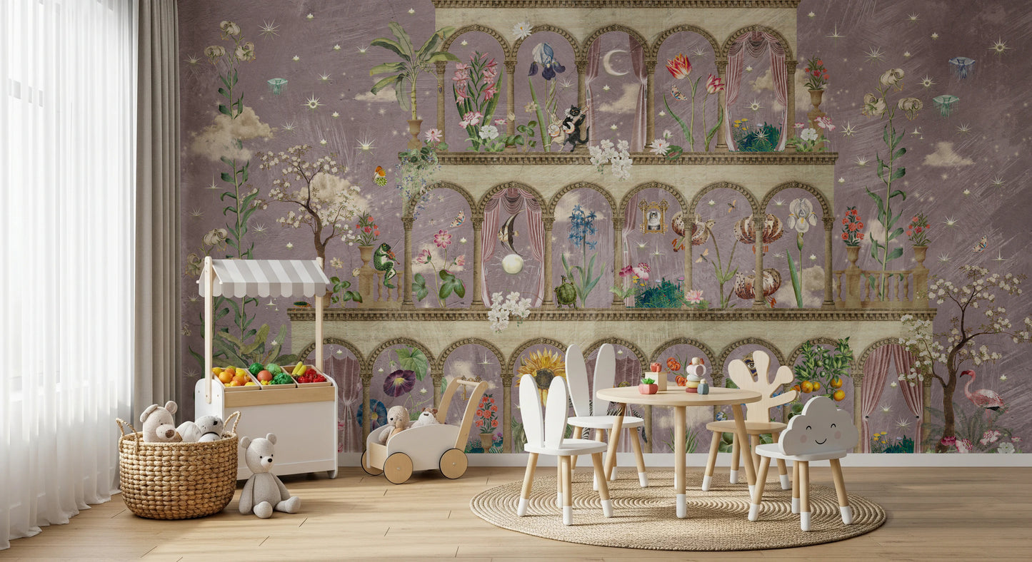 Floral Nightscape Garden on Pink Wall Mural