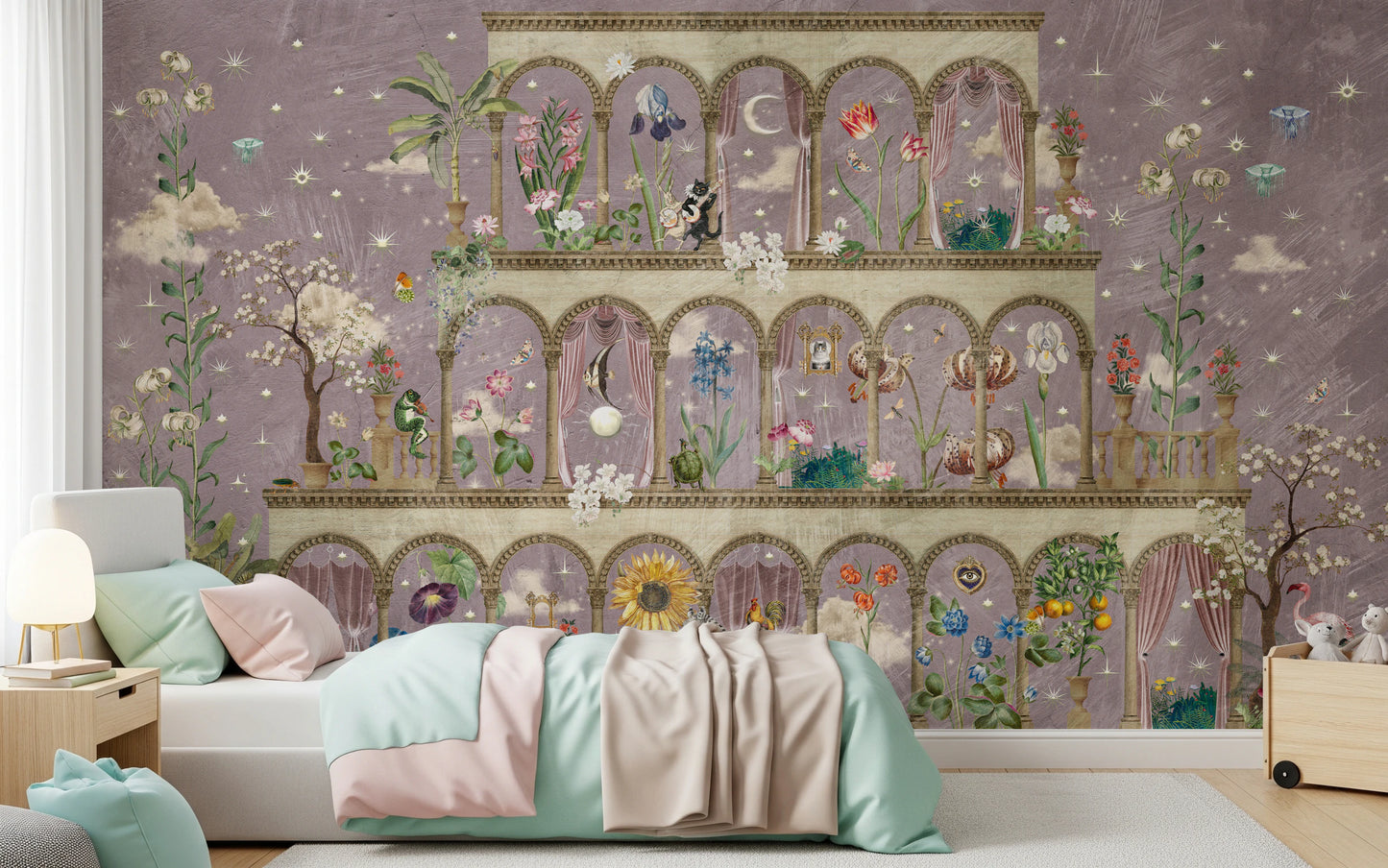 Floral Nightscape Garden on Pink Wall Mural