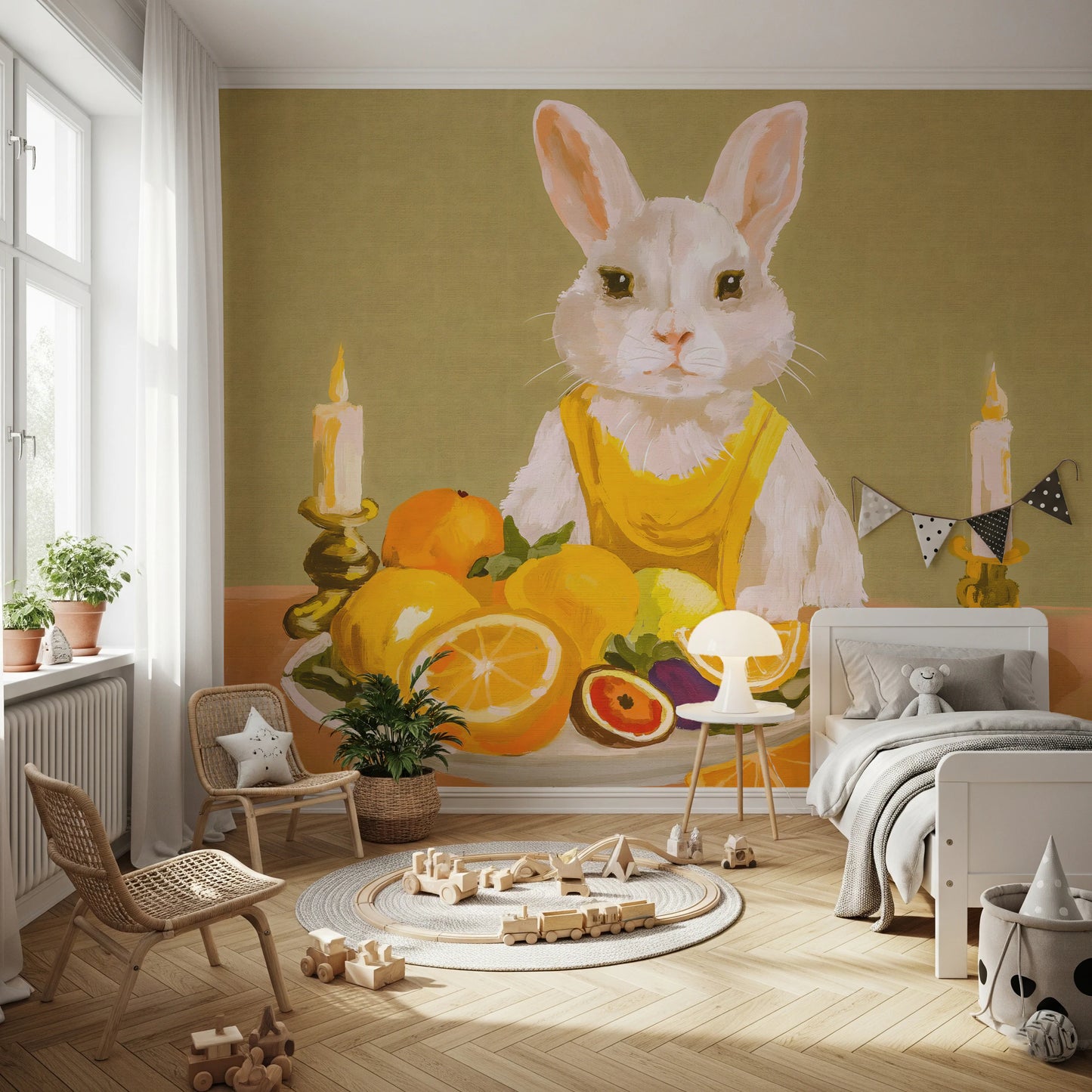 Bunny Candlelight Fruit Dinner Oil Painting Wall Mural