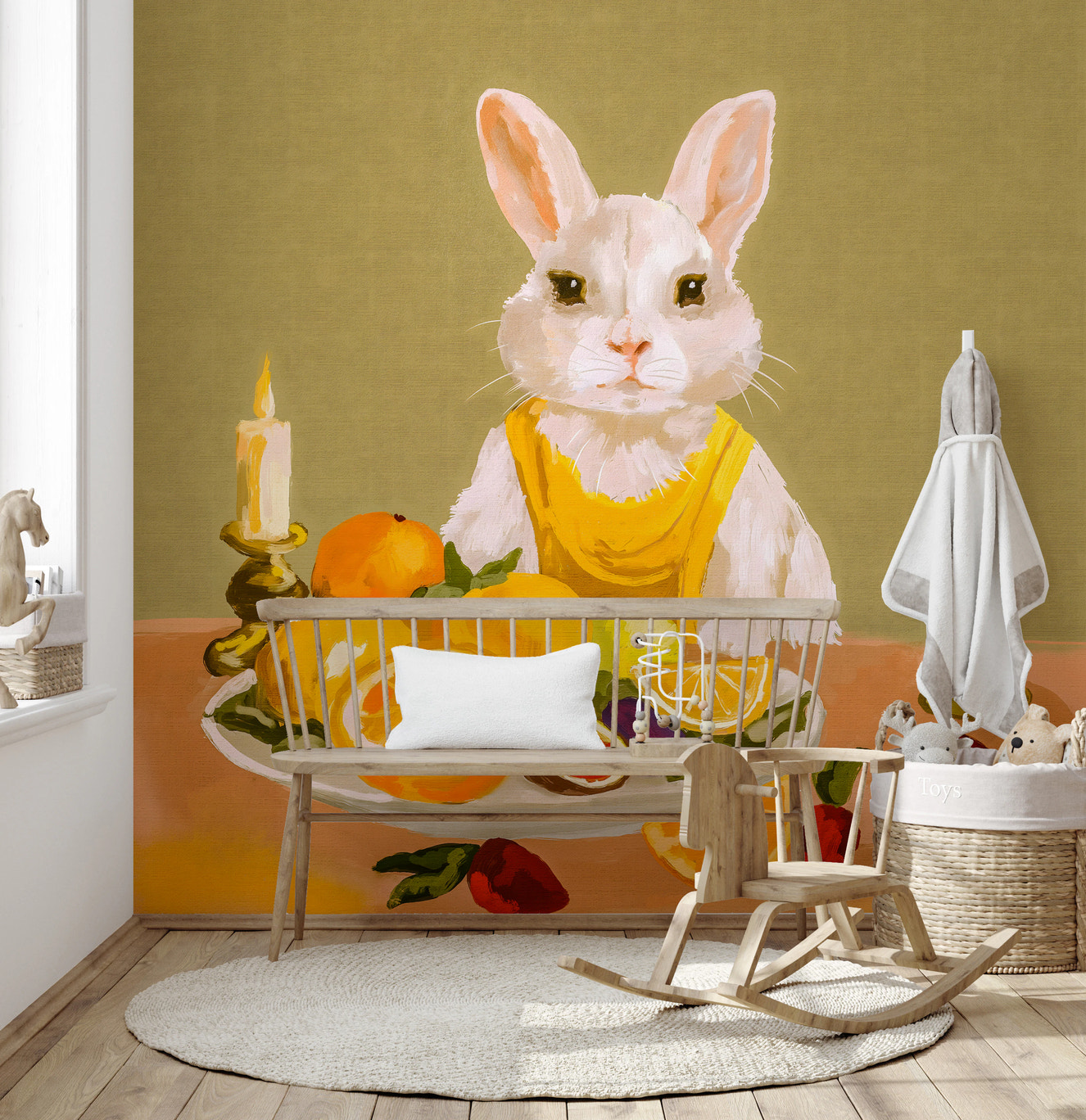 Bunny Candlelight Fruit Dinner Oil Painting Wall Mural