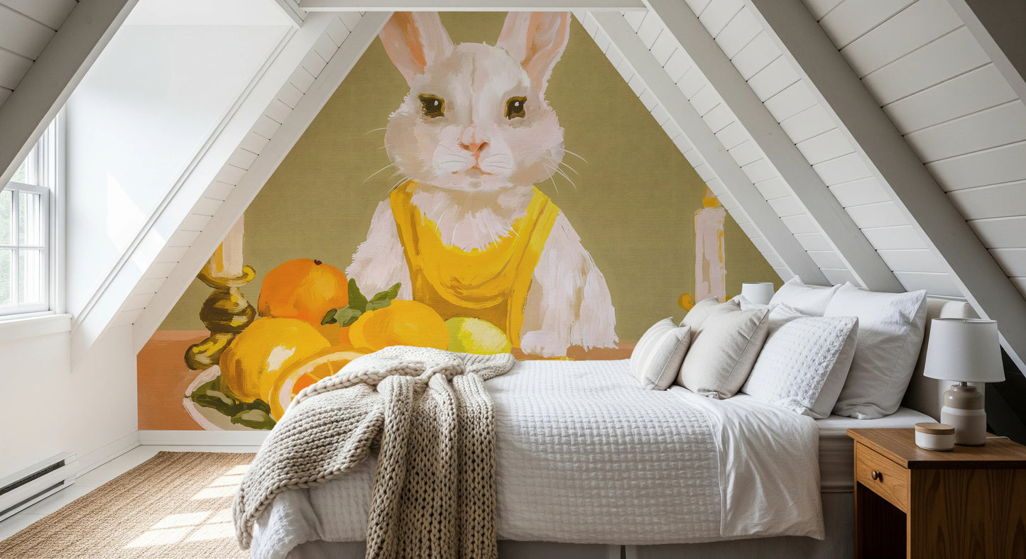 Bunny Candlelight Fruit Dinner Oil Painting Wall Mural
